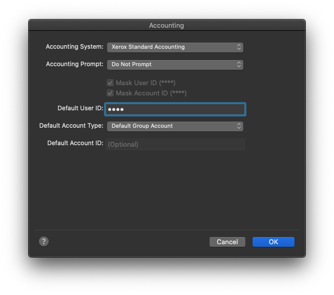 Screenshot of Xerox accounting settings